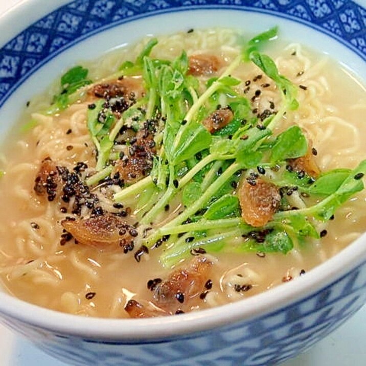 豆苗とあさり佃煮と黒胡麻の豚骨ラーメン